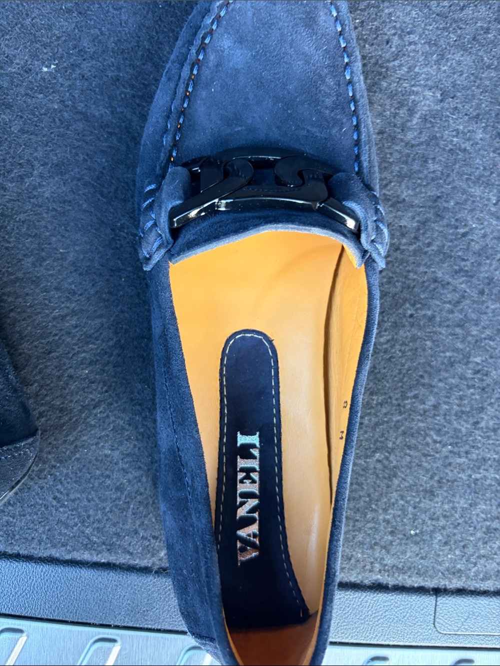 Vaneli Navy Suede Loafers with Polished Chain-Link Accent - Picture 6 of 6